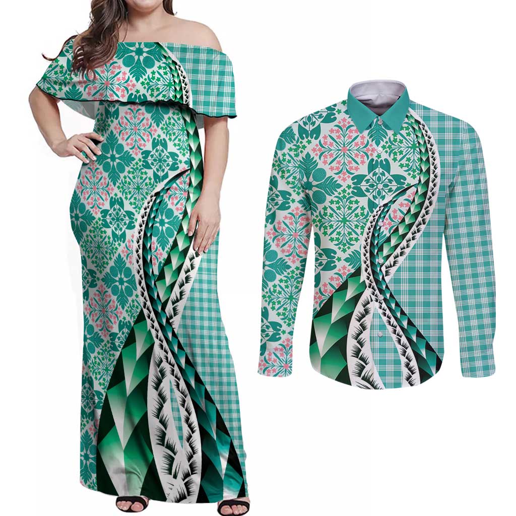 Aloha Vintage Palaka Floral Hawaiian Quilt Couples Matching Off Shoulder Maxi Dress and Long Sleeve Button Shirt Polu Motif - Polynesian Pride