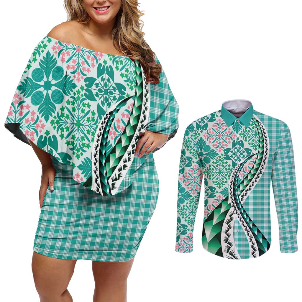 Aloha Vintage Palaka Floral Hawaiian Quilt Couples Matching Off Shoulder Short Dress and Long Sleeve Button Shirt Polu Motif LT9 Turquoise - Polynesian Pride