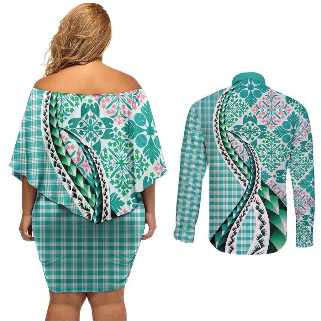 Aloha Vintage Palaka Floral Hawaiian Quilt Couples Matching Off Shoulder Short Dress and Long Sleeve Button Shirt Polu Motif LT9 - Polynesian Pride