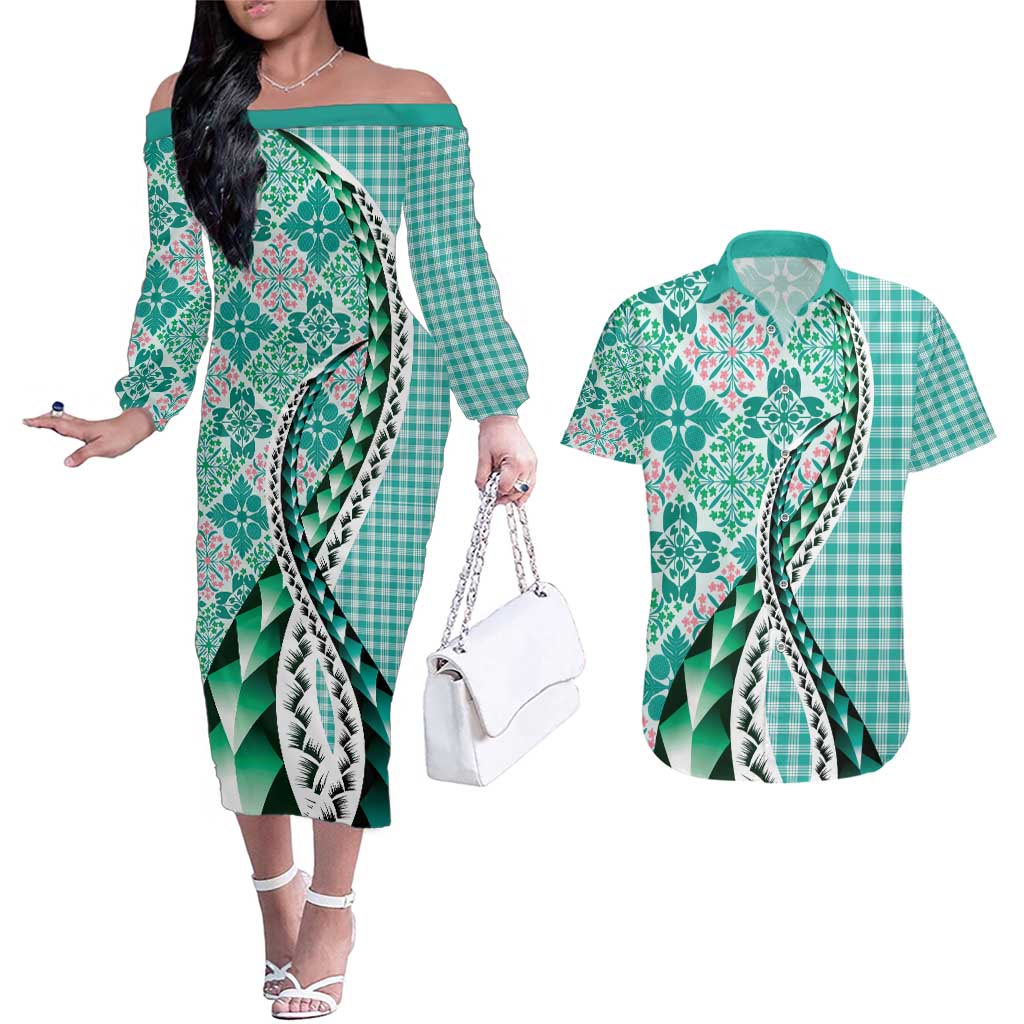Aloha Vintage Palaka Floral Hawaiian Quilt Couples Matching Off The Shoulder Long Sleeve Dress and Hawaiian Shirt Polu Motif - Polynesian Pride