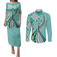 Aloha Vintage Palaka Floral Hawaiian Quilt Couples Matching Puletasi and Long Sleeve Button Shirt Polu Motif LT9 Turquoise - Polynesian Pride