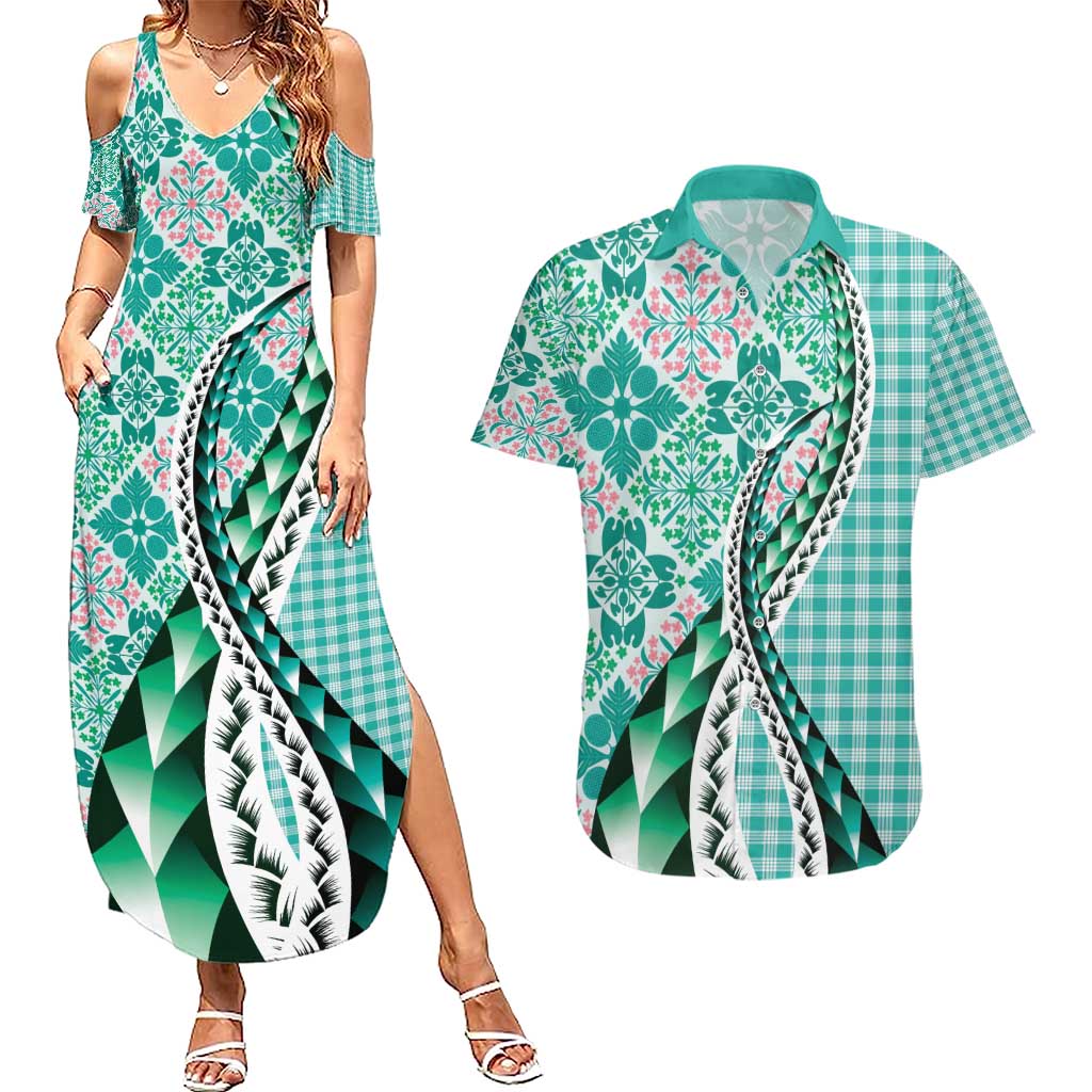 Aloha Vintage Palaka Floral Hawaiian Quilt Couples Matching Summer Maxi Dress and Hawaiian Shirt Polu Motif - Polynesian Pride