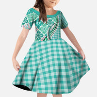 Aloha Vintage Palaka Floral Hawaiian Quilt Family Matching Long Sleeve Bodycon Dress and Hawaiian Shirt Polu Motif LT9 Daughter's Dress Turquoise - Polynesian Pride