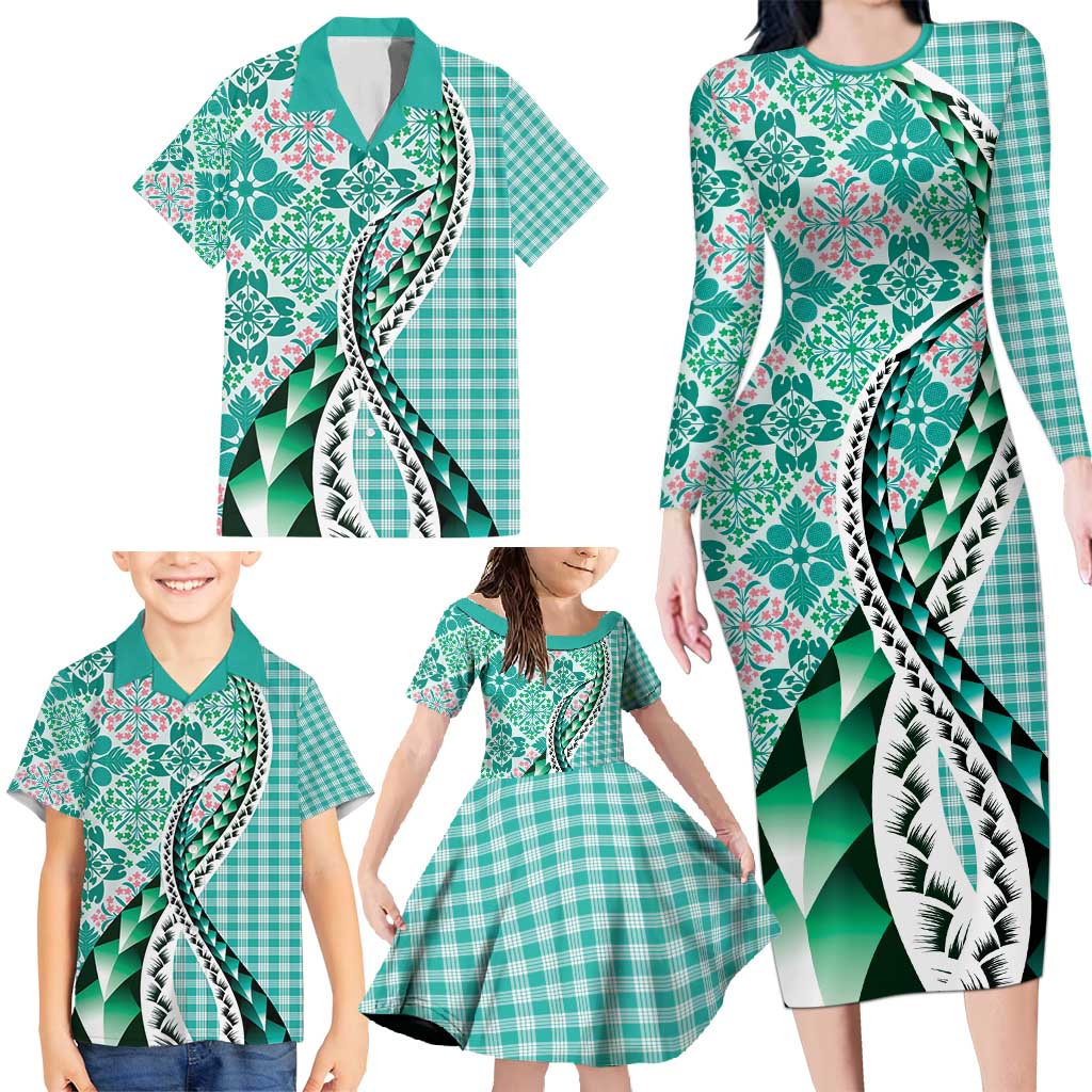 Aloha Vintage Palaka Floral Hawaiian Quilt Family Matching Long Sleeve Bodycon Dress and Hawaiian Shirt Polu Motif LT9 - Polynesian Pride