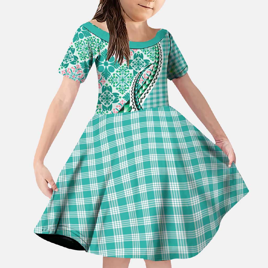 Aloha Vintage Palaka Floral Hawaiian Quilt Family Matching Mermaid Dress and Hawaiian Shirt Polu Motif LT9 Daughter's Dress Turquoise - Polynesian Pride