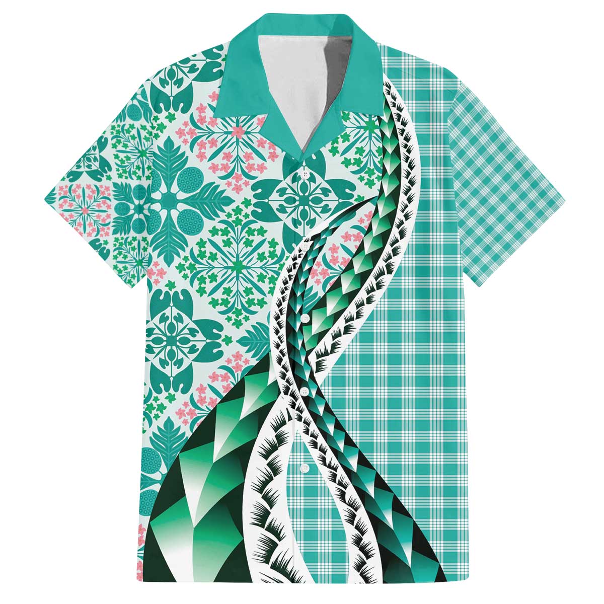 Aloha Vintage Palaka Floral Hawaiian Quilt Family Matching Off The Shoulder Long Sleeve Dress and Hawaiian Shirt Polu Motif LT9 Dad's Shirt - Short Sleeve Turquoise - Polynesian Pride