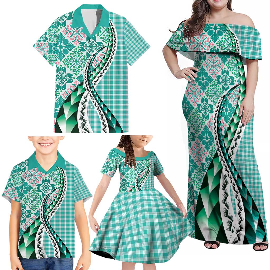 Aloha Vintage Palaka Floral Hawaiian Quilt Family Matching Off Shoulder Maxi Dress and Hawaiian Shirt Polu Motif LT9 - Polynesian Pride