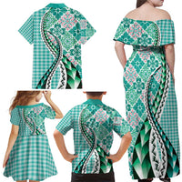 Aloha Vintage Palaka Floral Hawaiian Quilt Family Matching Off Shoulder Maxi Dress and Hawaiian Shirt Polu Motif LT9 - Polynesian Pride