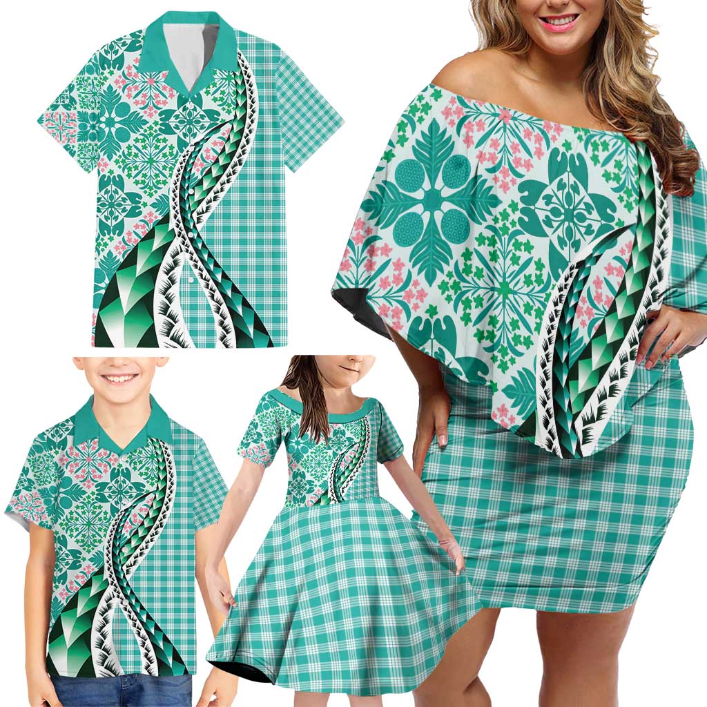 Aloha Vintage Palaka Floral Hawaiian Quilt Family Matching Off Shoulder Short Dress and Hawaiian Shirt Polu Motif LT9 - Polynesian Pride