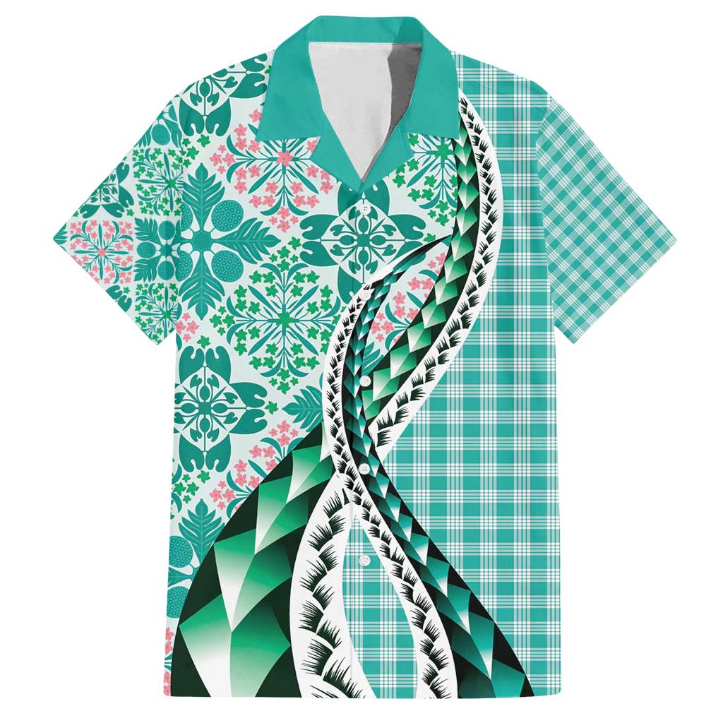 Aloha Vintage Palaka Floral Hawaiian Quilt Family Matching Off Shoulder Short Dress and Hawaiian Shirt Polu Motif LT9 Dad's Shirt - Short Sleeve Turquoise - Polynesian Pride