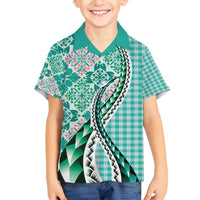 Aloha Vintage Palaka Floral Hawaiian Quilt Family Matching Off Shoulder Short Dress and Hawaiian Shirt Polu Motif LT9 Son's Shirt Turquoise - Polynesian Pride