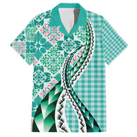 Aloha Vintage Palaka Floral Hawaiian Quilt Family Matching Summer Maxi Dress and Hawaiian Shirt Polu Motif LT9 Dad's Shirt - Short Sleeve Turquoise - Polynesian Pride