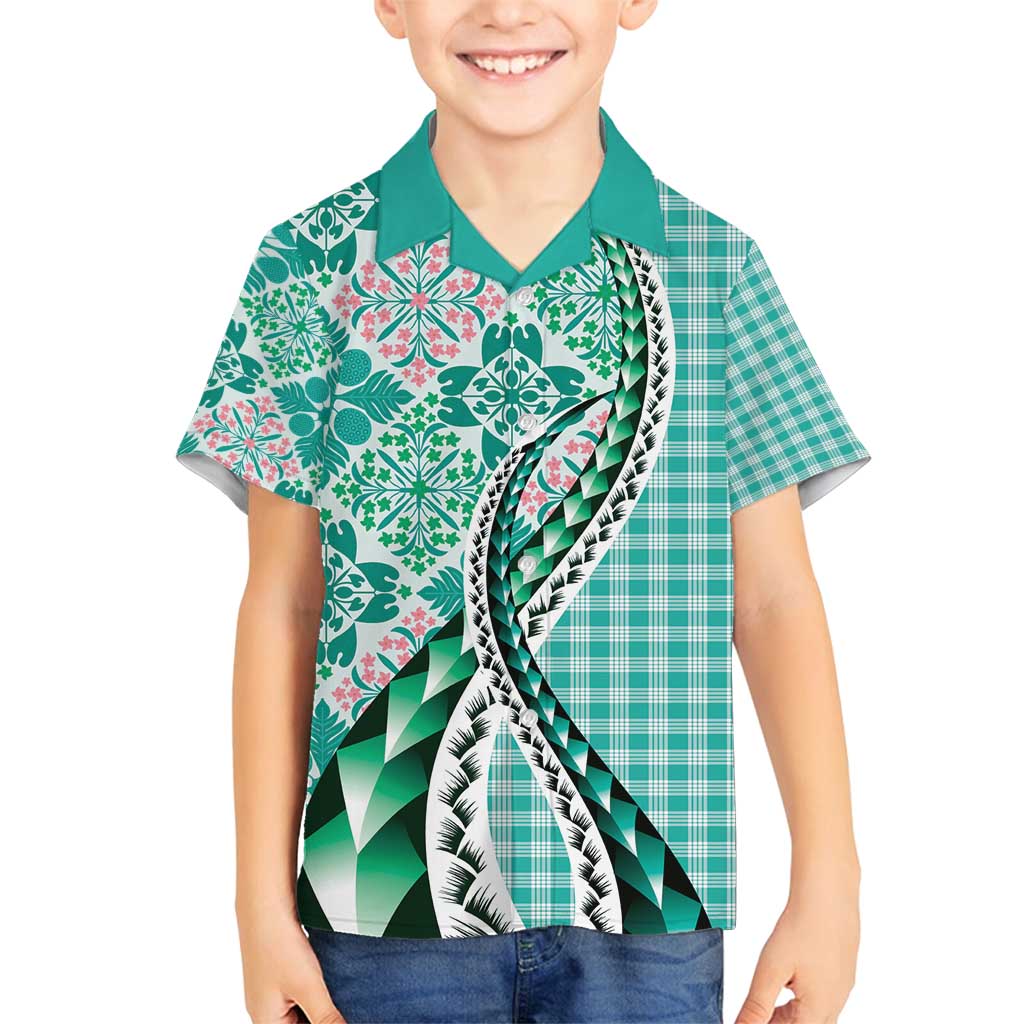 Aloha Vintage Palaka Floral Hawaiian Quilt Family Matching Summer Maxi Dress and Hawaiian Shirt Polu Motif LT9 Son's Shirt Turquoise - Polynesian Pride