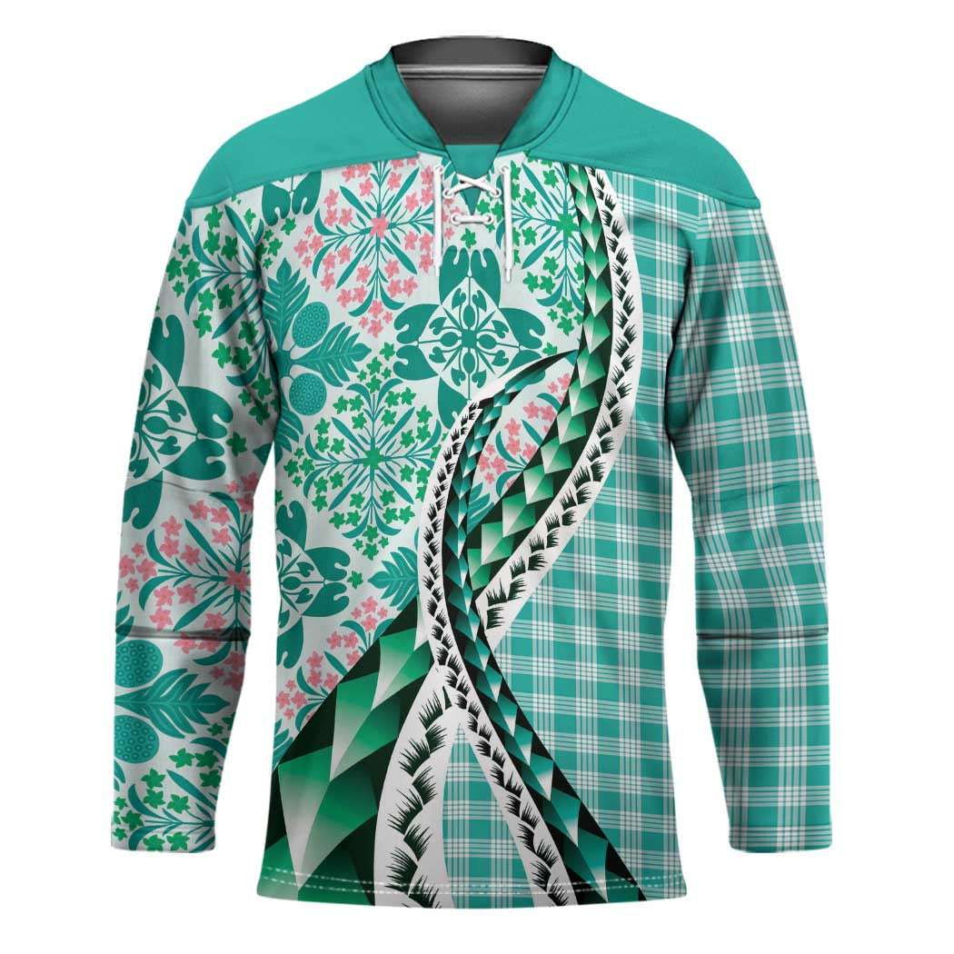 Aloha Vintage Palaka Floral Hawaiian Quilt Hockey Jersey Polu Motif LT9 Unisex Turquoise - Polynesian Pride
