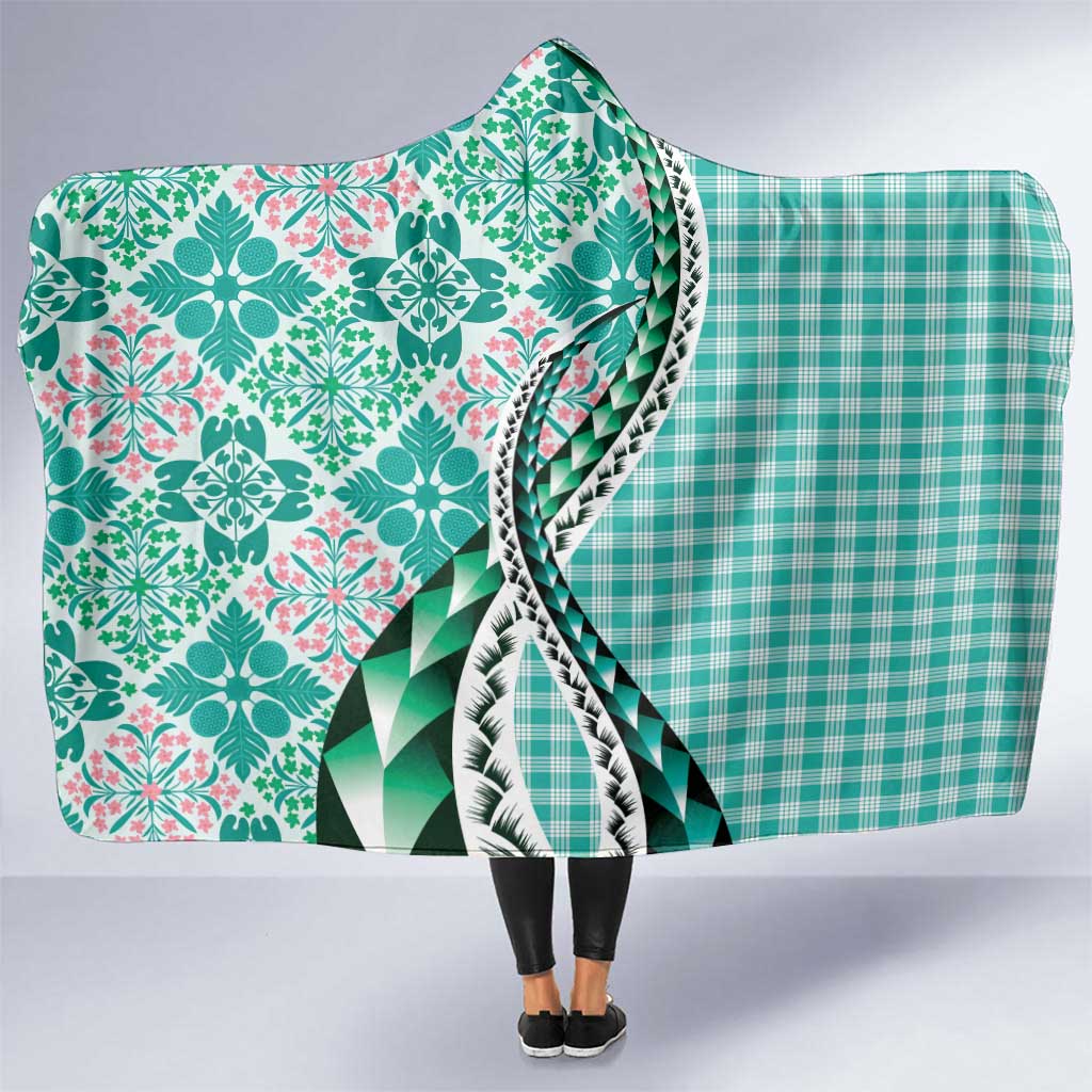 Aloha Vintage Palaka Floral Hawaiian Quilt Hooded Blanket Polu Motif LT9 One Size Turquoise - Polynesian Pride