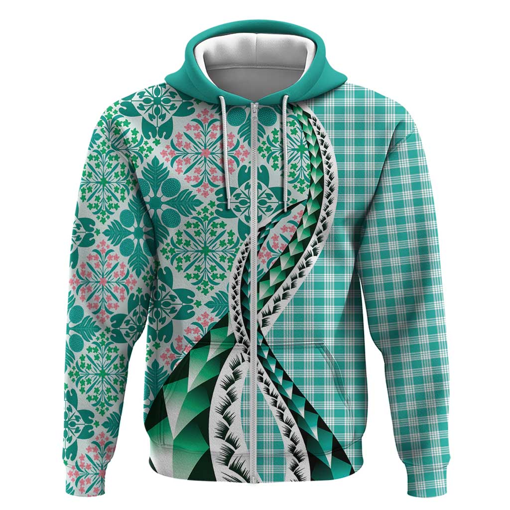 Aloha Vintage Palaka Floral Hawaiian Quilt Hoodie Polu Motif LT9 Zip Hoodie Turquoise - Polynesian Pride