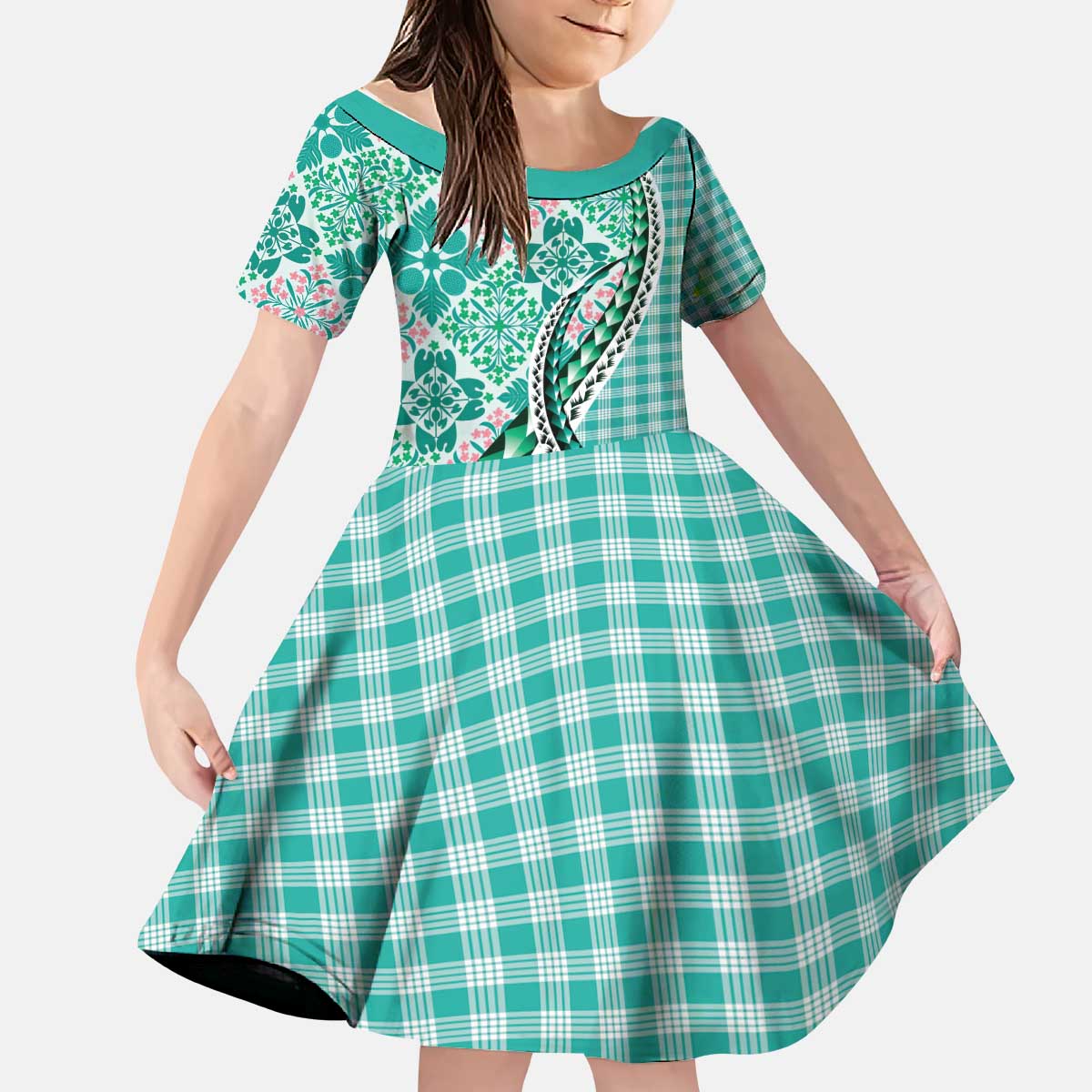 Aloha Vintage Palaka Floral Hawaiian Quilt Kid Short Sleeve Dress Polu Motif LT9 KID Turquoise - Polynesian Pride