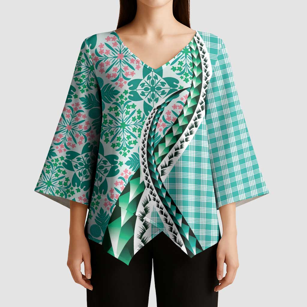 Aloha Vintage Palaka Floral Hawaiian Quilt Kimono Sleeve Blouse Polu Motif LT9 - Polynesian Pride
