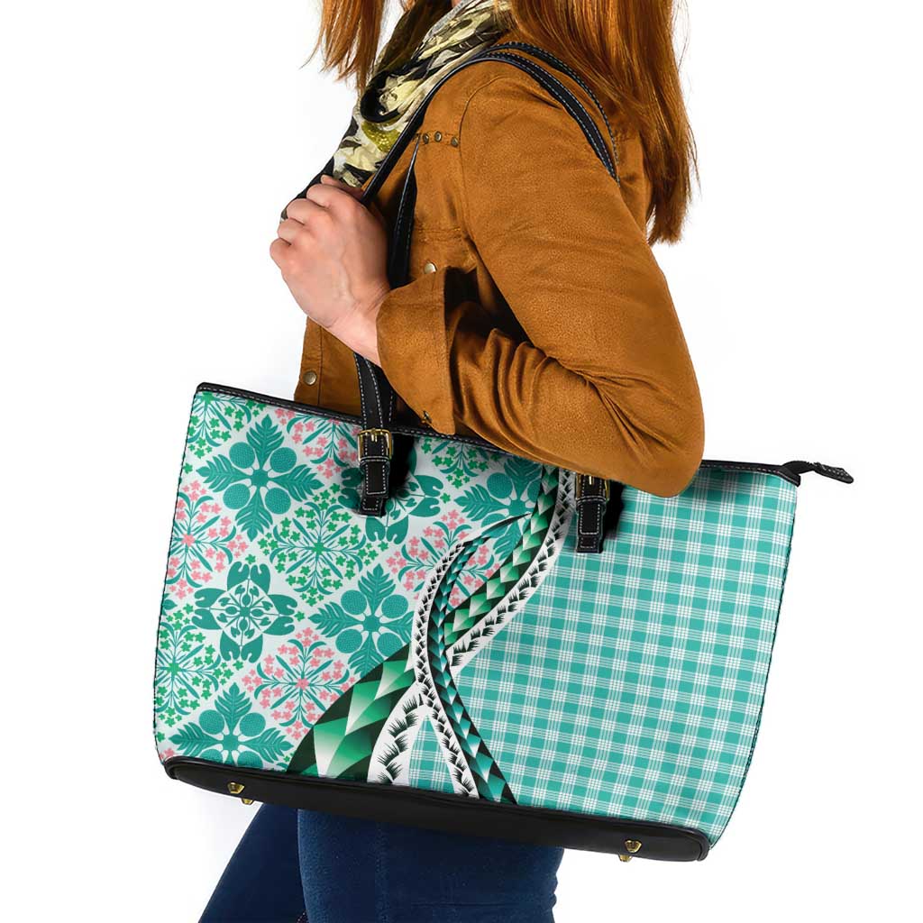 Aloha Vintage Palaka Floral Hawaiian Quilt Leather Tote Bag Polu Motif LT9 Turquoise - Polynesian Pride