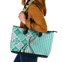 Aloha Vintage Palaka Floral Hawaiian Quilt Leather Tote Bag Polu Motif LT9 Turquoise - Polynesian Pride