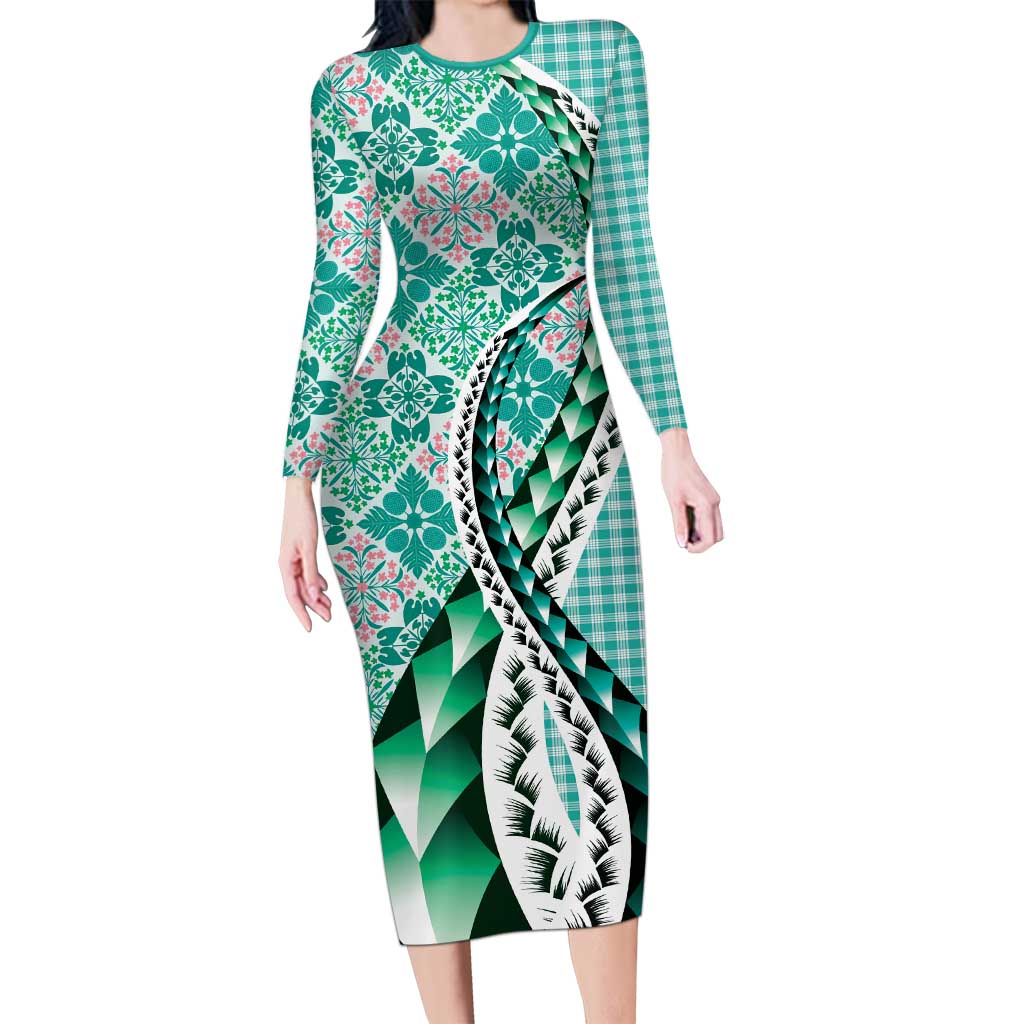 Aloha Vintage Palaka Floral Hawaiian Quilt Long Sleeve Bodycon Dress Polu Motif LT9 Long Dress Turquoise - Polynesian Pride