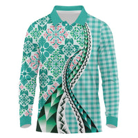 Aloha Vintage Palaka Floral Hawaiian Quilt Long Sleeve Polo Shirt Polu Motif LT9 Turquoise - Polynesian Pride