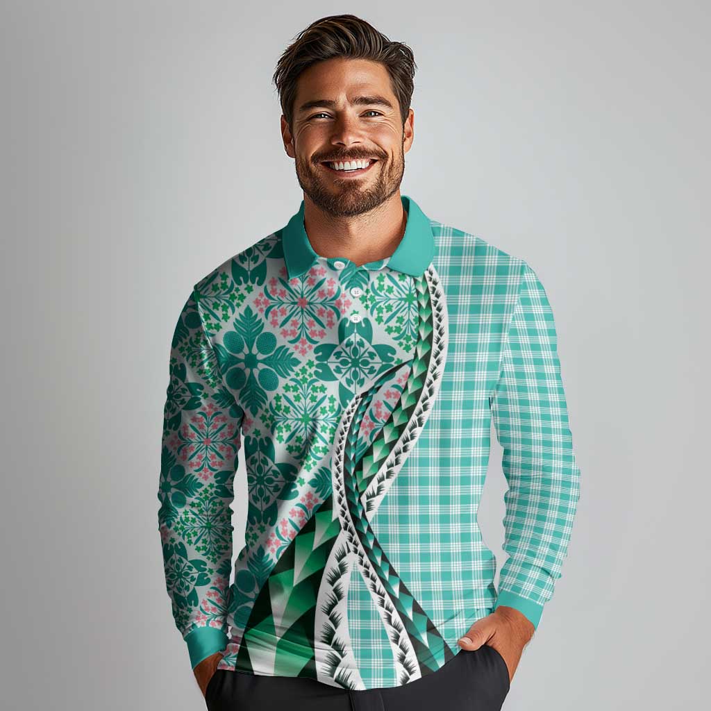 Aloha Vintage Palaka Floral Hawaiian Quilt Long Sleeve Polo Shirt Polu Motif LT9 - Polynesian Pride