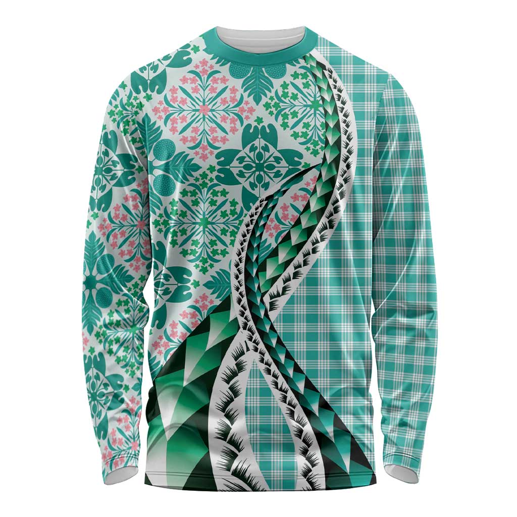 Aloha Vintage Palaka Floral Hawaiian Quilt Long Sleeve Shirt Polu Motif LT9 Unisex Turquoise - Polynesian Pride