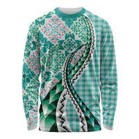 Aloha Vintage Palaka Floral Hawaiian Quilt Long Sleeve Shirt Polu Motif LT9 Unisex Turquoise - Polynesian Pride