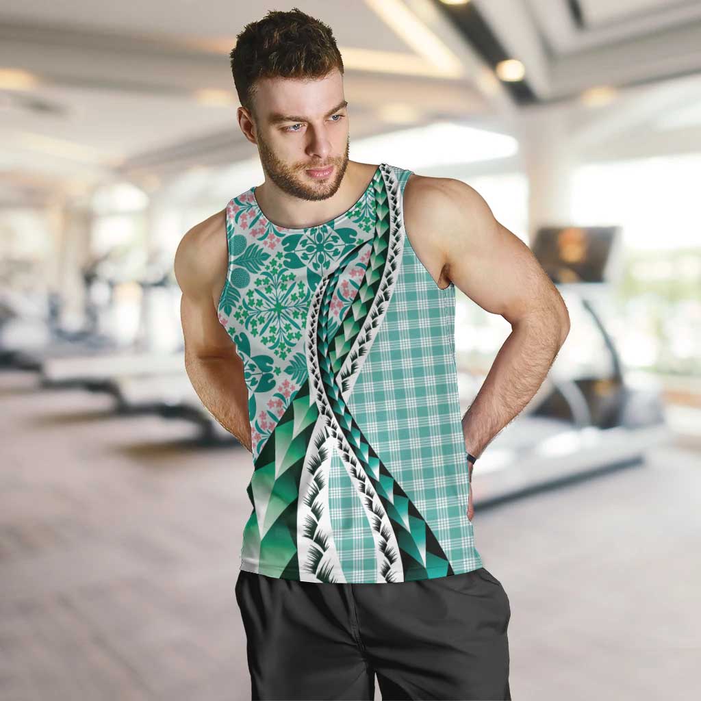 Aloha Vintage Palaka Floral Hawaiian Quilt Men Tank Top Polu Motif LT9 Turquoise - Polynesian Pride