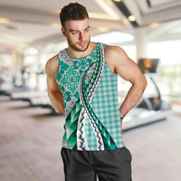 Aloha Vintage Palaka Floral Hawaiian Quilt Men Tank Top Polu Motif LT9 Turquoise - Polynesian Pride