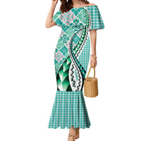 Aloha Vintage Palaka Floral Hawaiian Quilt Mermaid Dress Polu Motif LT9 Women Turquoise - Polynesian Pride