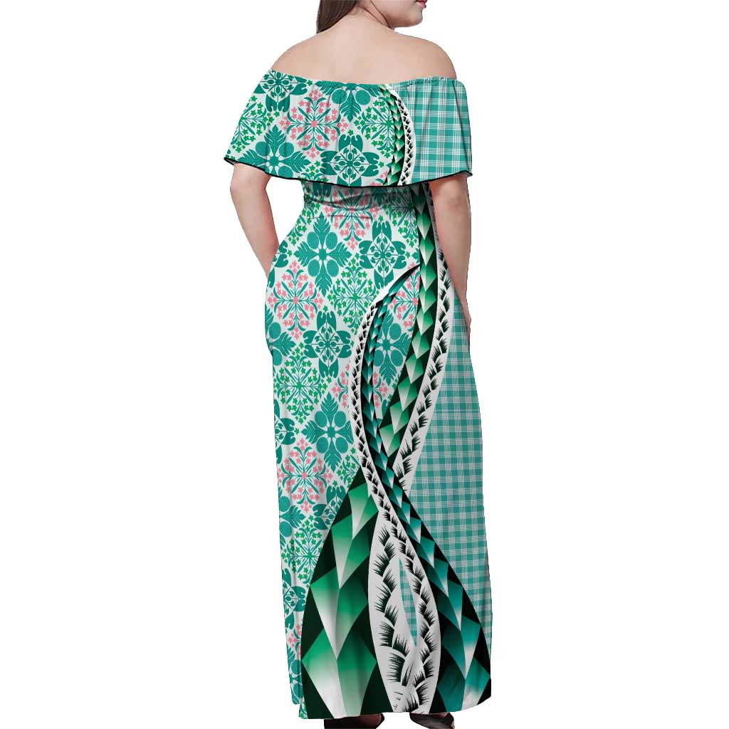 Aloha Vintage Palaka Floral Hawaiian Quilt Off Shoulder Maxi Dress Polu Motif LT9 - Polynesian Pride