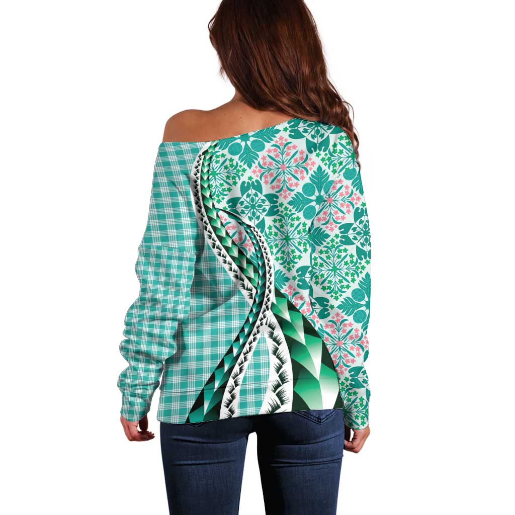 Aloha Vintage Palaka Floral Hawaiian Quilt Off Shoulder Sweater Polu Motif - Polynesian Pride