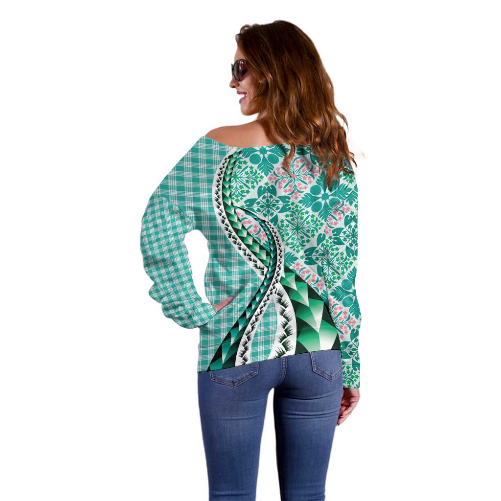 Aloha Vintage Palaka Floral Hawaiian Quilt Off Shoulder Sweater Polu Motif - Polynesian Pride