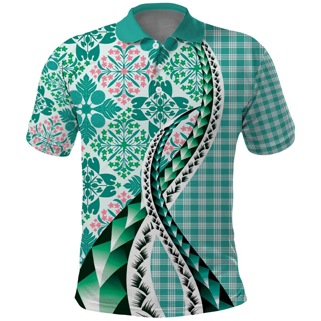 Aloha Vintage Palaka Floral Hawaiian Quilt Polo Shirt Polu Motif LT9 Turquoise - Polynesian Pride