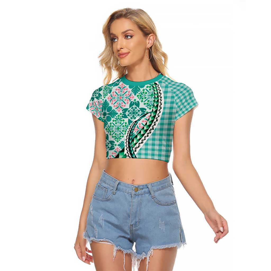 Aloha Vintage Palaka Floral Hawaiian Quilt Raglan Cropped T Shirt Polu Motif LT9 Female Turquoise - Polynesian Pride