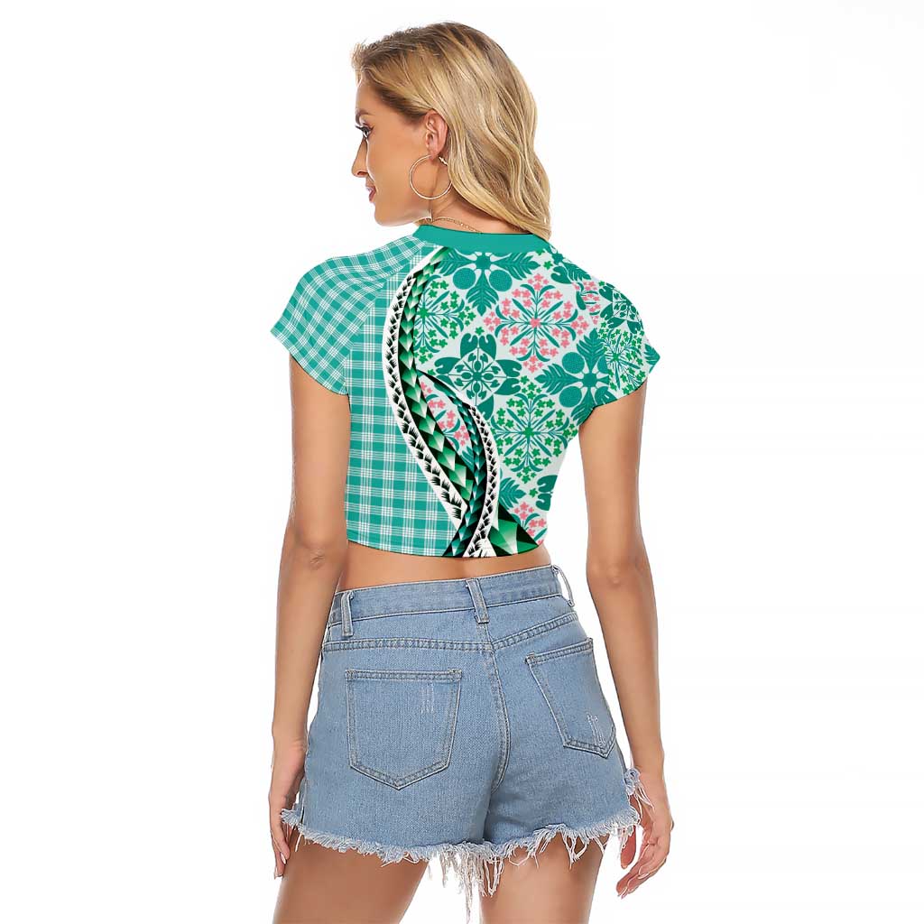 Aloha Vintage Palaka Floral Hawaiian Quilt Raglan Cropped T Shirt Polu Motif LT9 - Polynesian Pride