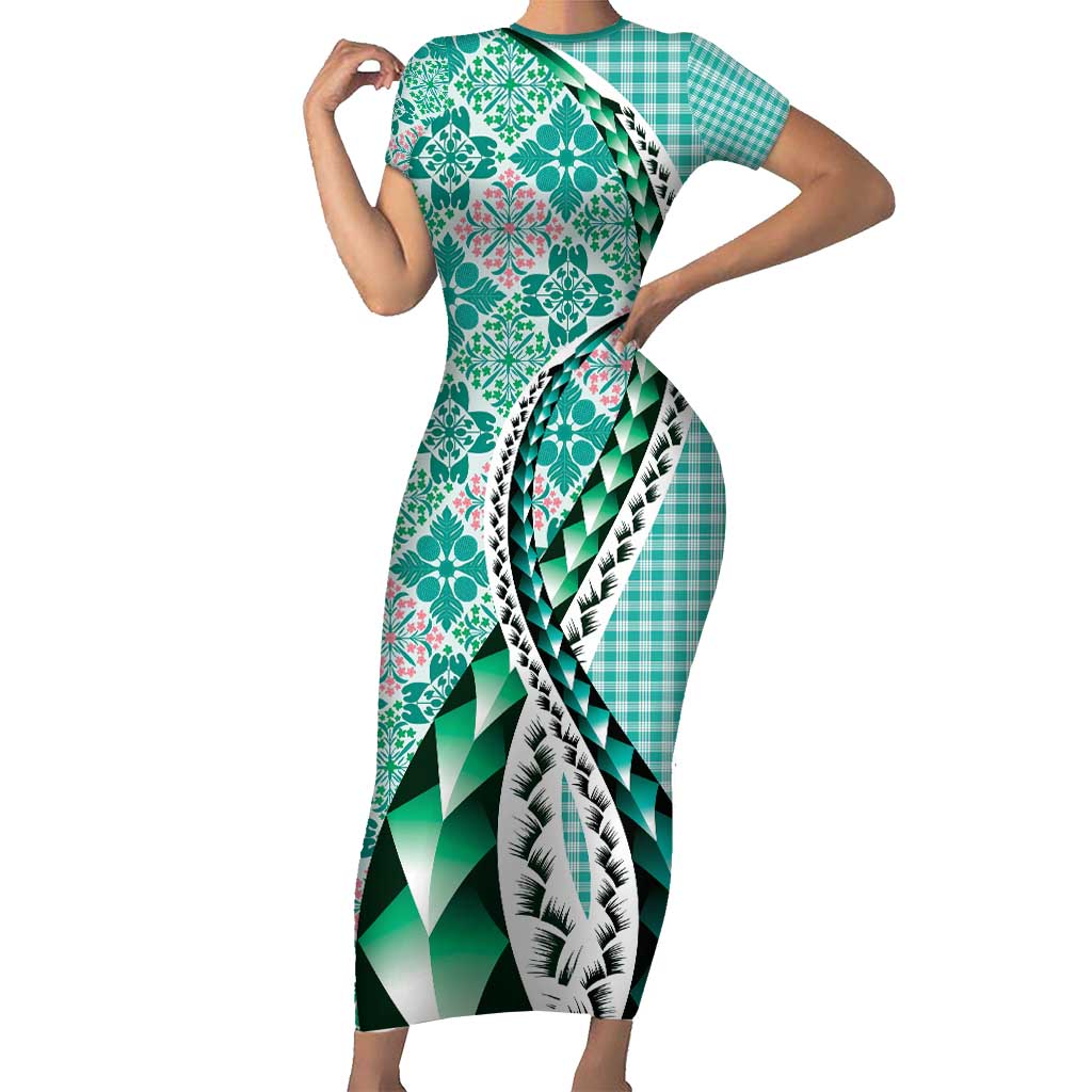 Aloha Vintage Palaka Floral Hawaiian Quilt Short Sleeve Bodycon Dress Polu Motif LT9 Long Dress Turquoise - Polynesian Pride