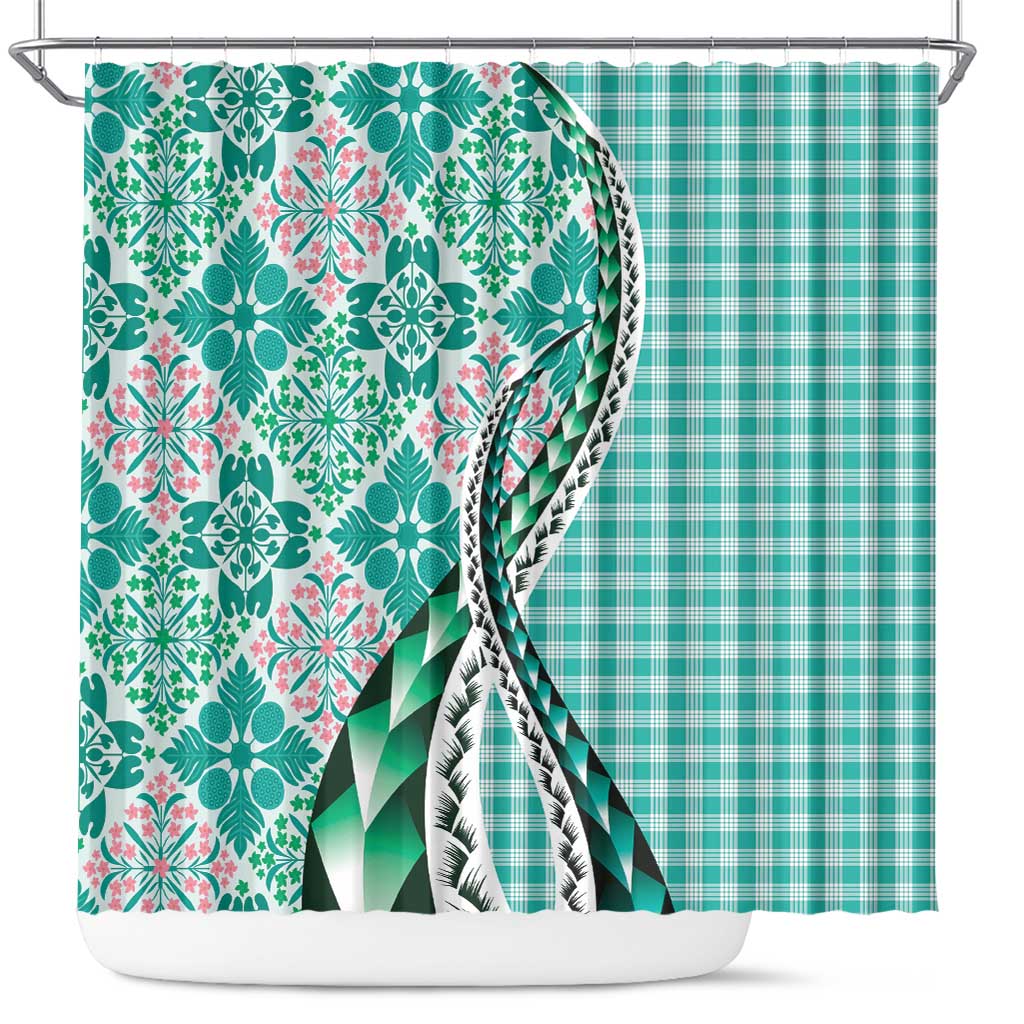 Aloha Vintage Palaka Floral Hawaiian Quilt Shower Curtain Polu Motif LT9 Turquoise - Polynesian Pride
