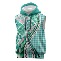 Aloha Vintage Palaka Floral Hawaiian Quilt Sleeveless Hoodie Polu Motif LT9 Turquoise - Polynesian Pride