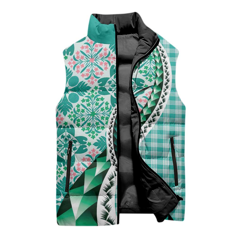 Aloha Vintage Palaka Floral Hawaiian Quilt Sleeveless Puffer Jacket Polu Motif - Polynesian Pride