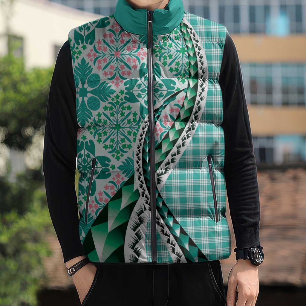 Aloha Vintage Palaka Floral Hawaiian Quilt Sleeveless Puffer Jacket Polu Motif - Polynesian Pride