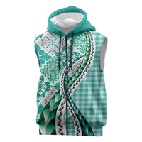 Aloha Vintage Palaka Floral Hawaiian Quilt Sleeveless Zip Hoodie Polu Motif LT9 Turquoise - Polynesian Pride