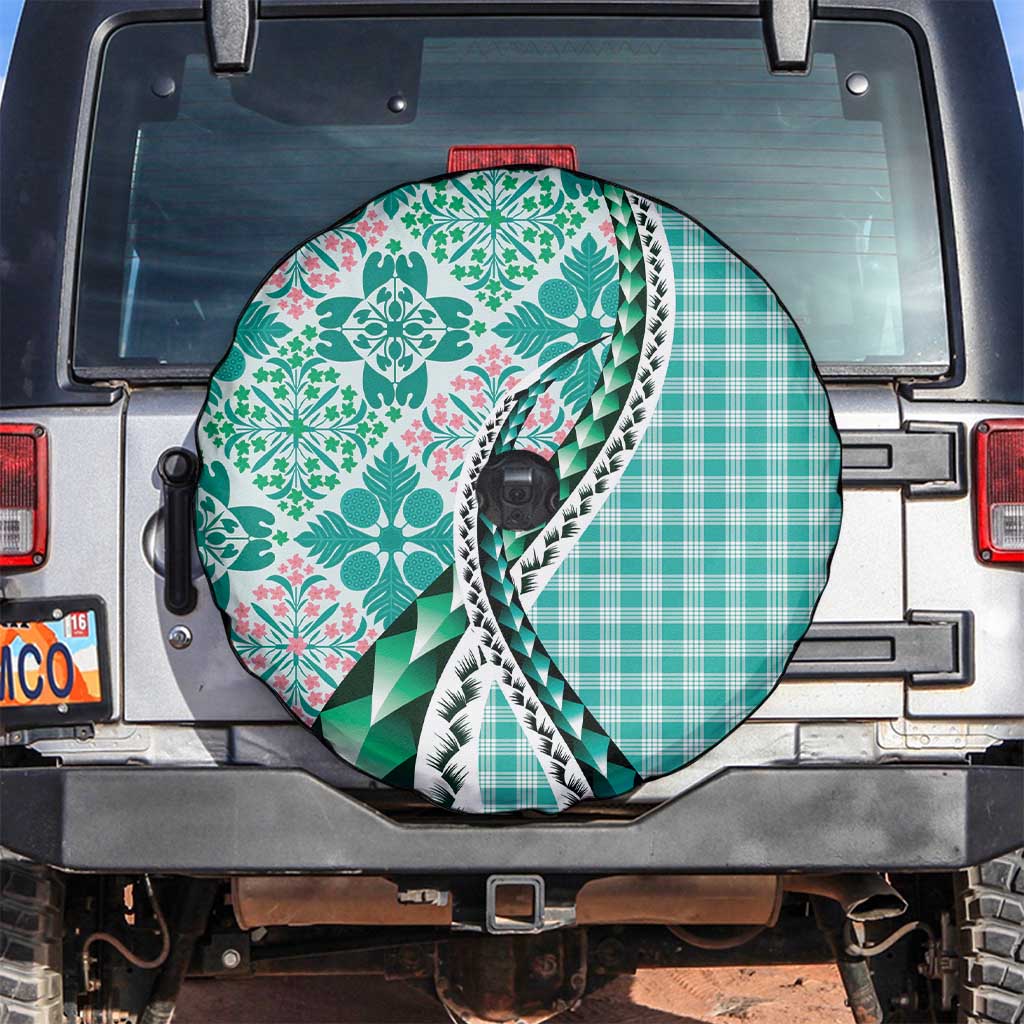 Aloha Vintage Palaka Floral Hawaiian Quilt Spare Tire Cover Polu Motif LT9 Turquoise - Polynesian Pride
