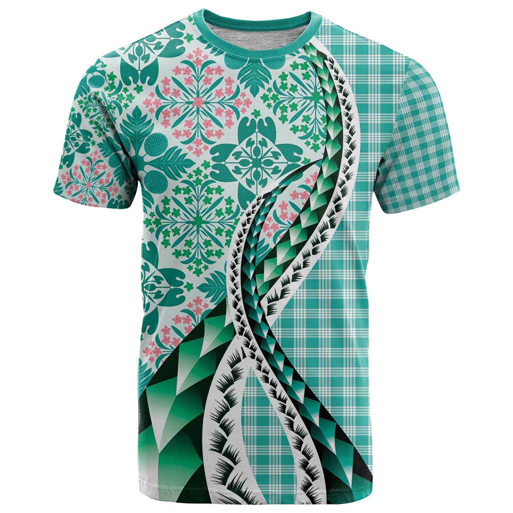 Aloha Vintage Palaka Floral Hawaiian Quilt T Shirt Polu Motif LT9 Turquoise - Polynesian Pride