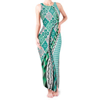 Aloha Vintage Palaka Floral Hawaiian Quilt Tank Maxi Dress Polu Motif LT9 Women Turquoise - Polynesian Pride