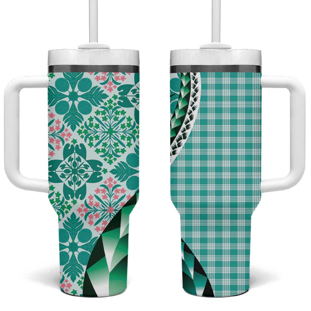 Aloha Vintage Palaka Floral Hawaiian Quilt Tumbler With Handle Polu Motif LT9 One Size: 40 oz Turquoise - Polynesian Pride