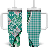 Aloha Vintage Palaka Floral Hawaiian Quilt Tumbler With Handle Polu Motif LT9 One Size: 40 oz Turquoise - Polynesian Pride