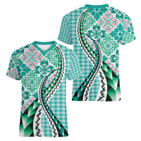 Aloha Vintage Palaka Floral Hawaiian Quilt Women V-Neck T-Shirt Polu Motif LT9 - Polynesian Pride